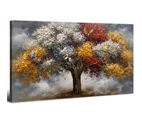 AIYISU Cuadro Árbol de la Vida 50.8 x 101.6 cm, Arte Lienzo Árbol Colorido con Pájaros, Pintura Moderna Vintage Dorado Rojo y Blanco, Decoración Pared para Sala de Estar Comedor Cocina Hogar Elegante