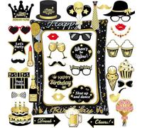 AIYONG 36Pcs Creativos para Photo Booth de Cumpleaños, Accesorios Photocall Feliz Cumpleaños, Photobooth Accesorios de Oro Negro con Marcos, para Decoración de Fiesta Cumpleaño