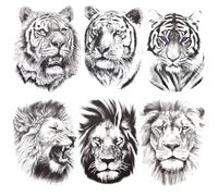 AIYONG 6 Hojas 3D Realista Tigre León Tatuajes Temporales Mujeres Hombres Impermeable Sin Dolor Falso Tatuaje Pegatinas para Carrocería, Arte Corporal Grandes Pegatinas de Tatuaje Animales Patrones
