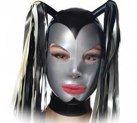 AIYOUBRS Negro Máscara de Látex con Capucha de Goma Sexy Disfraz de Club de Cosplay Cremallera Trasera Látex Natural Con Serpentinas(Size:XL-70CM)