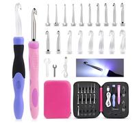 AIYUNDI Agujas Crochet Kit 18 en 1, Crochet Iluminado, Ganchillos Crochet Ergonómicos con Mango de Gancho de Repuesto y LED de 2 Niveles, para Principiantes y Expertos (2,0-14,0 mm)