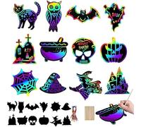 AIZHAZHA Hojas de Rascar Halloween, Scratch Art para Niños, Papel Arcoiris para Rascar, con 12 x Bolígrafos de Madera 24 x Cintas, Adornos Halloween para Manualidades, para DIY Regalo Artístico