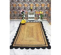 Aizza Trends Alfombra india hecha a mano de yute trenzado con diseño festoneado negro para suelo, alfombra lateral para cama, 120 cm x 270 cm