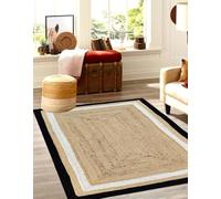 Aizza Trends Alfombra trenzada de yute natural con diseño de borde blanco y negro, 183 cm x 274 cm, para sala de estar, dormitorio, comedor, pasillos y entradas