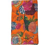 Aizza Trends Edredón Kantha de algodón puro hecho a mano con estampado floral - Colcha de algodón con patrón cosido blanco - Kantha Gudri - Doble 90 x 108 pulgadas, naranja multicolor