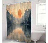 AJALGZ Cortina de Ducha Abstracta con Atardecer en el Lago de montaña y Sol Naranja, diseño de Arte Natural, decoración para baño (140 x 180 cm, Lavable)