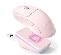 AJAZZ AJ200P Ratón Gaming Inalámbrico con IA Prompt y Base de Carga RGB | BT/2,4G/Cable, Ligero Ratón con Entrada de Voz IA, Sensor PAW3311, 24K DPI, 1000Hz para Oficina/Juego - Cinta Grip / Rosa