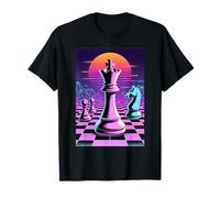Ajedrez Rey Caballo Peones Synthwave Cuadrícula Atardecer Camiseta