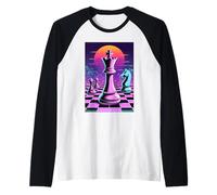 Ajedrez Rey Caballo Peones Synthwave Cuadrícula Atardecer Camiseta Manga Raglan