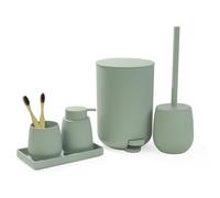 AJEUNGAIN Juego de Baño Accesorios Completo, 5 Piezas Set de Baño Moderno - Dispensador de Jabón, Soporte Cepillo de Dientes, Cubos de Basura para Baño, Escobillero, Bandeja para Organizar (Verde)