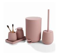 AJEUNGAIN Juego de Baño Accesorios Completo, 5 Piezas Set de Baño Moderno - Dispensador de Jabón, Soporte Cepillo de Dientes, Cubos de Basura para Baño, Escobillero, Bandeja para Organizar (Rosa)