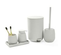 AJEUNGAIN Juego de Baño Accesorios Completo, 5 Piezas Set de Baño Moderno - Dispensador de Jabón, Soporte Cepillo de Dientes, Cubos de Basura para Baño, Escobillero, Bandeja para Organizar (Beige)