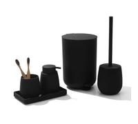 AJEUNGAIN Juego de Baño Accesorios Completo, Set de Baño Moderno - Dispensador de Jabón, Soporte Cepillo de Dientes, Cubos de Basura para Baño, Escobillero, Bandeja para Organizar (Negro)