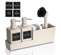 AJEUNGAIN Set Dispensador Jabon Cocina y Baño, Organizador Fregadero Estrecho con 2 Dosificadores y Esponjas, Cepillo, Soporte, Dispensador de Detergente Reutilizable & Ahorra Espacio (Beige)