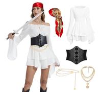 AJGEGJE Disfraz de pirata para mujer, vestido medieval con corsé, pañuelo para la cabeza, collar pirata, cadena de cintura para carnaval, fiestas y mascaradas (blanco, XS)