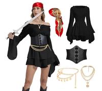 AJGEGJE Disfraz de pirata para mujer, vestido medieval con corsé, pañuelo para la cabeza, collar pirata, cadena de cintura para carnaval, fiestas y mascaradas (negro, XL)
