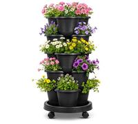 AJIEQAQ Torre de plantación de 5 niveles con ruedas, jardinera vertical apilable, ahorra espacio, torre de fresa para balcón y jardín, maceta vertical con sistema de drenaje, plástico, color blanco
