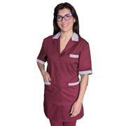 AJM STORE Bata de trabajo para mujer, mangas cortas, bolsillos múltiples, acabados a rayas, maestros, billistas, burdeos, L