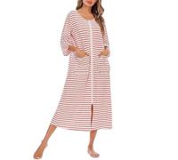 AJMDGW Womens Zipper Front House Dress Long Robes Striped Nightgowns Loungewear Bathrobes with Pockets(Bianco,L)
