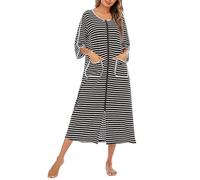 AJMDGW Womens Zipper Front House Dress Long Robes Striped Nightgowns Loungewear Bathrobes with Pockets(Negro,M)