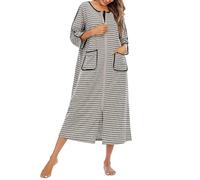 AJMDGW Womens Zipper Front House Dress Long Robes Striped Nightgowns Loungewear Bathrobes with Pockets(Gris,XL)
