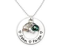 AJ's Collection Love Display con arandela redonda de plata de ley personalizada, acabado a mano. Incluye hasta 4 piedras natales o perlas de Swarovski, y una cadena de plata de ley para ella