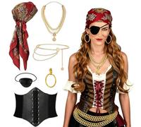 Ajuanbazha 6 Piezas Disfraz Pirata Mujer Accesorios, con Bandana Pirata, Aretes, Corsé, Cadena de Cintura, Parche Para el Ojo, Pendientes, para Carnaval, Halloween, Fiesta de Cosplay