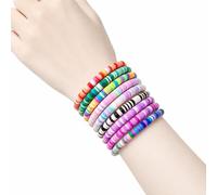 AJUNJIIL 7pcs Bohemia Polymer Clay Beaded Bracelets, Colorful Surfer Stretch Stackable For Women Summer Beach Jewelry, Rainbow Friendship Layering Preppy Boho Gift