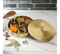 Ajuny Caja de Especias de Latón Masala Dabba 8 Pulgadas Dorada con Tapa Grabada - Bote Redondo Decorativo con 7 Recipientes Extraíbles y 1 Cuchara - Ideal para Especias y Hierbas