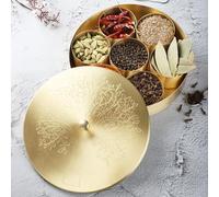 Ajuny Caja de Especias de Latón Masala Dabba 8 Pulgadas Dorada con Tapa Grabada - Bote Redondo Decorativo con 7 Recipientes Extraíbles y 1 Cuchara - Ideal para Especias y Hierbas