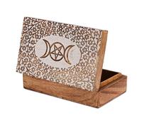 Ajuny Caja de Joyas de Madera Tallada a Mano - Motivo Estrella y Luna, Blanco/Marrón, 20,3x12,7 cm, Cofre Decorativo de Recuerdos, Organizador de Joyas y Porta Relojes, Regalo para Mujer y Hombre