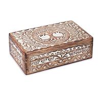 Ajuny Caja decorativa de madera tallada a mano con tallas de árbol de la vida, color blanco, multiusos como almacenamiento de joyas, soporte para baratijas o caja de reloj, ideal para regalos