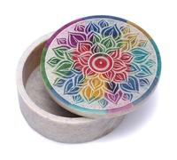 Ajuny Caja Decorativa Redonda de Mármol y Esteatita 7,5 cm - Joyero Pequeño con Diseño Mandala Tallado a Mano, Porta Anillos y Caja de Baratijas para Joyas, Monedas y Recuerdos