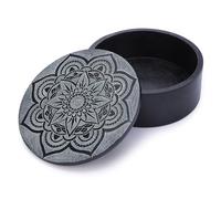 Ajuny Caja Decorativa Redonda Hecha a mano de Esteatita de Mármol Negro Tallas de Mandala Uso Multiusos como Almacenamiento de Anillos de Joyería Decoración del Hogar Ideal para Regalos 5x5x2 pulgada