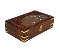 Ajuny Caja joyero de madera 8x5 pulgadas con incrustaciones de latón y tallado floral, cofre decorativo vintage para joyas y recuerdos, organizador multiusos de tocador y regalo elegante para mujer