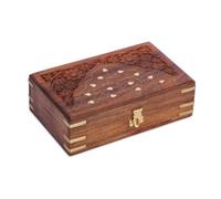 Ajuny Caja Joyero De Madera Incrustaciones De Latón Y Tallado Floral 8x5
