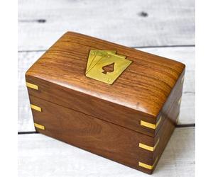 Ajuny Caja para Naipes de Madera de 2 Pisos con 2 Barajas, Estuche Organizador con Diseño de As en Latón, Caja Decorativa para Cartas de Juego, Idea de Regalo para Hombre y Mujer, 12,5 x 7,5 cm