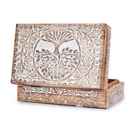 Ajuny Cofre Joyero de Madera Tallada 8 x 5 pulgadas (20 x 13 cm) - Baúl Decorativo Marrón y Blanco con Árbol de la Vida, Caja para Joyas, Relojes y Recuerdos, Ideal para Regalo