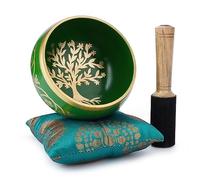 Ajuny Cuenco budista tibetano para cantar, arbol de la vida, sonido de meditacion de campana OM verde, 4 pulgadas de diametro para accesorios de relajacion y meditacion, palo y cojin incluidos