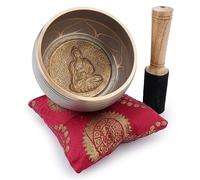 Ajuny Cuenco budista tibetano para cantar, Buda, sonido de meditacion de campana OM beige, 4 pulgadas de diametro para accesorios de relajacion y meditacion, palo y cojin incluidos