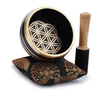 Ajuny Cuenco budista tibetano para cantar, flor de la vida, sonido de meditacion de campana OM negra, 4 pulgadas de diametro para accesorios de relajacion y meditacion, palo y cojin incluidos