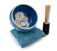 Ajuny Cuenco budista tibetano para cantar, mano Hamsa Fatima, sonido de meditacion de campana OM azul, accesorios de relajacion y meditacion de 4 pulgadas de diametro, palo y cojin incluidos