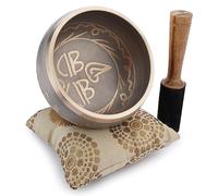 Ajuny Cuenco budista tibetano para cantar - Ojos de Buda - Sonido de meditacion de campana OM beige - 4 pulgadas de diametro para accesorios de relajacion y meditacion - Palo y cojin incluidos