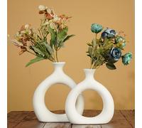 Ajuny Jarrones de Cerámica Diseño Donut, Juego de 2, Blanco - Jarrones Huecos Decorativos para Hierba de la Pampa, Flores Secas y Flores, Centro de Mesa para Salón, Boda, Fiesta y Oficina