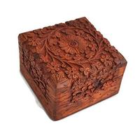 Ajuny Joyero de Madera Hecho a Mano, Caja de Recuerdos Tallada con Diseño Floral, Organizador Decorativo para Joyas Baratijas Accesorios y Regalo 4 x 4 Pulgadas