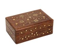 Ajuny Joyero Decorativo de Madera Hecho a mano Organizador con Tallas Florales Inspiradas en Mughal y Flor Central con Incrustaciones de Latón