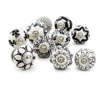 Ajuny Juego de 10 Pomos de Cerámica Vintage Blanco y Negro, Pintados a Mano - Diseños Calabaza y Redondo - Tiradores Decorativos para Armarios, Cajones y Puertas de Cocina y Baño