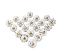 Ajuny Juego de 20 Pomos de Cerámica Blanco y Dorado Hechos a Mano - Tiradores Decorativos para Armarios de Cocina, Cajones y Muebles Herrajes para Tocadores de Baño con Acabado Brillante
