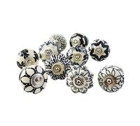 Ajuny Juego de 20 Pomos de Cerámica Vintage Blanco y Negro, Pintados a Mano - Diseños Calabaza y Redondo - Tiradores Decorativos para Armarios, Cajones y Puertas de Cocina y Baño