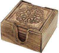 Ajuny Juego de 6 posavasos y soporte para bebidas, hecho a mano de madera con diseño celta para tazas de té, tazas de café y vasos de agua, protección de mesa para cualquier tipo de mesa